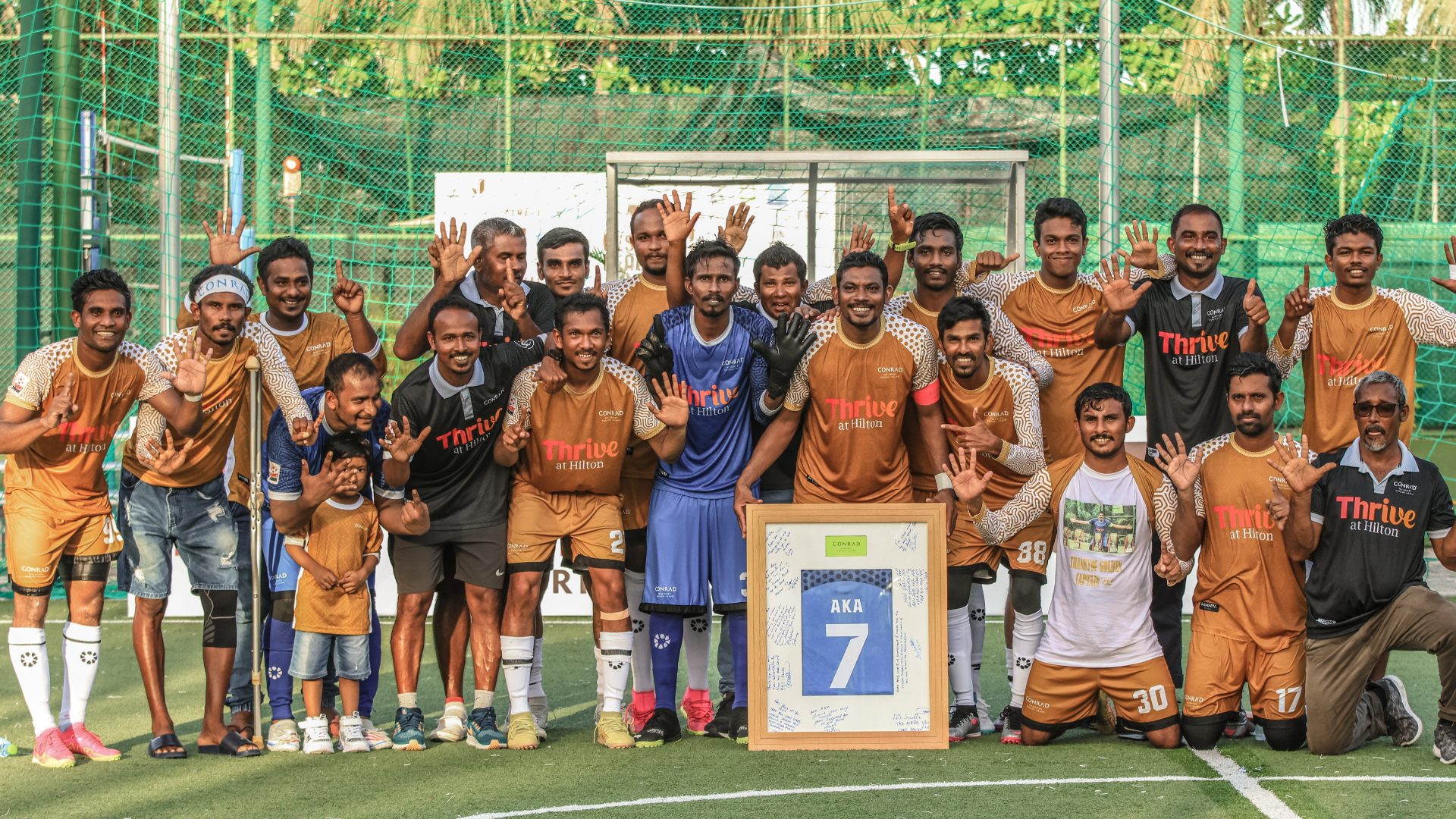 Ali Umair “Akaa” receives a team farewell following his final appearance as a player for Conrad Maldives in 2023